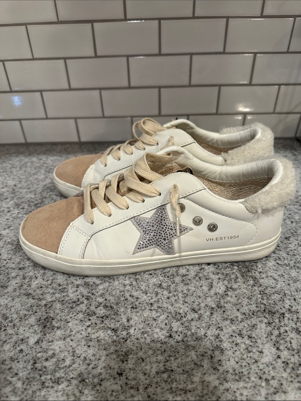 Vintage Havana White Leather Sneaker with Tan Suede Toe and Sparkle Star